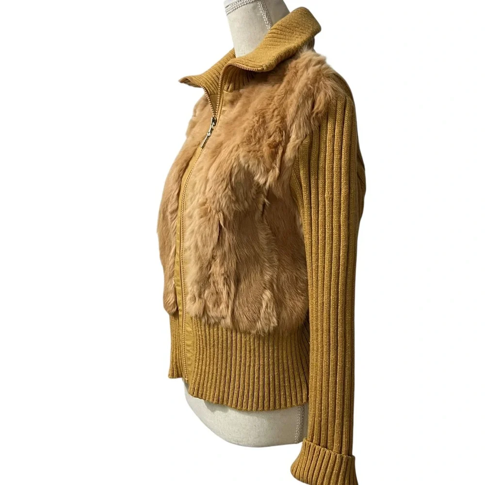 Leather USA Mustard Brown Genuine Rabbit Fur Ribbed Knit‎ Zip Up Cardigan XL